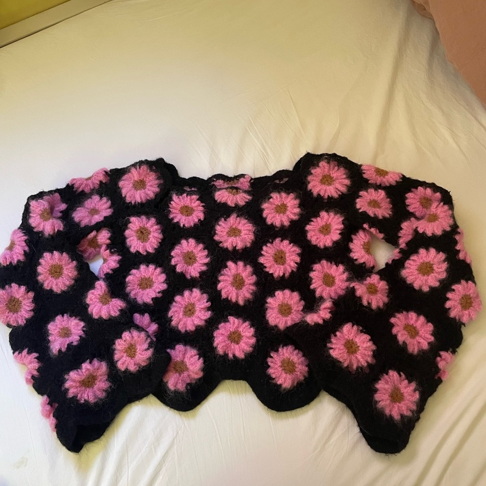 TACH Black and Pink Alana crochet flower sweater size small